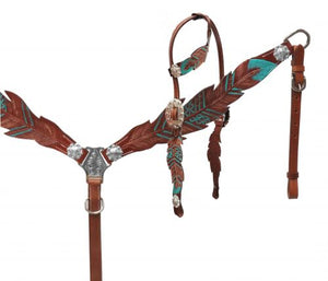 Teal Painted Feather Headstall Set