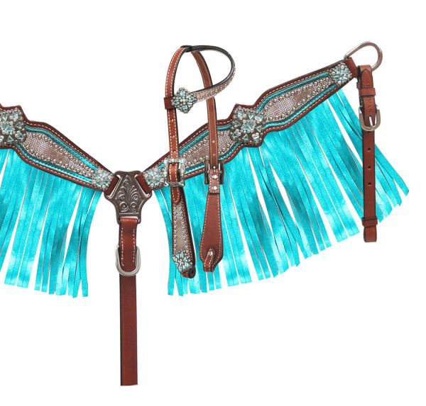 Pony Size Teal Fringe Headstall and Breast Collar Set