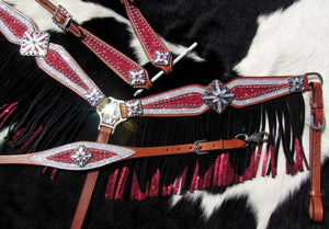 Red and Silver Glitter Overlay Fringe Headstall Set
