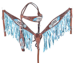 Teal Painted Feather Headstall Set