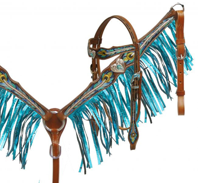 Fringe Peacock Feather Headstall Set